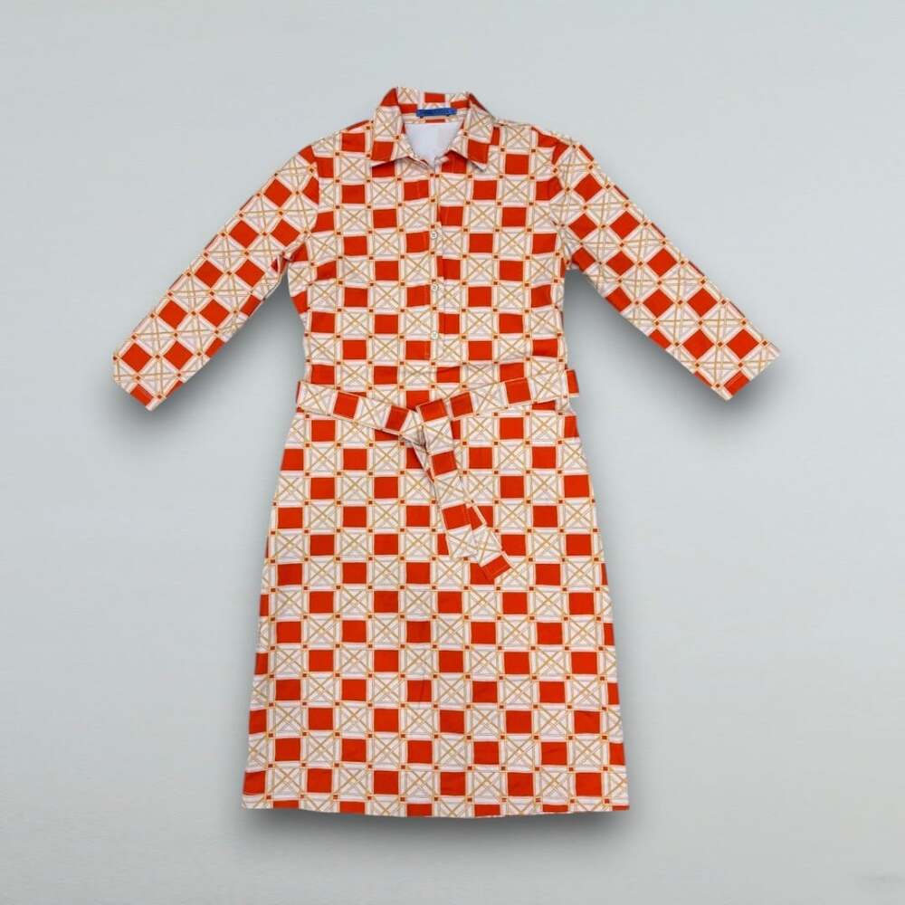 Women’s XS Geometric Shirt Dress Button Front Belted Midi Orange White